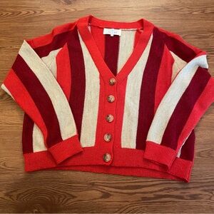 THE GREAT. Bold Striped V-Neck Cardigan in Red, Burgundy & Cream